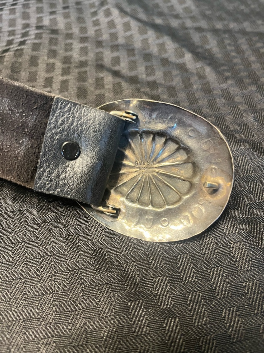 Navajo Vintage Black Leather Belt with 3 Sterling SilverTurquoise-Accent conchos - Picture 3 of 10